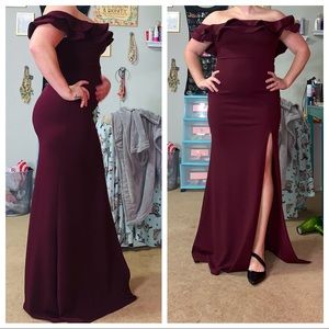 Burgundy gown with navy blue furry shawl